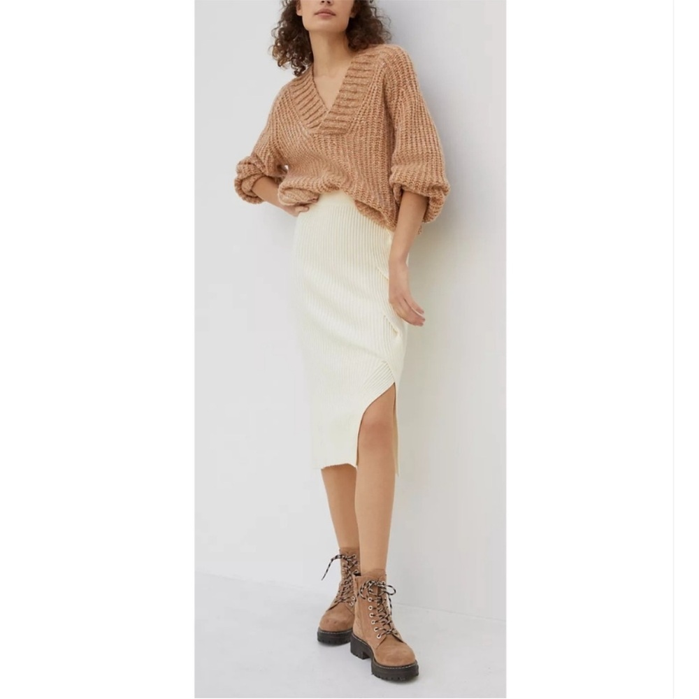 Maeve Anthropologie Ivory Rib Knit Midi Skirt Side Twist Detail Size Medium